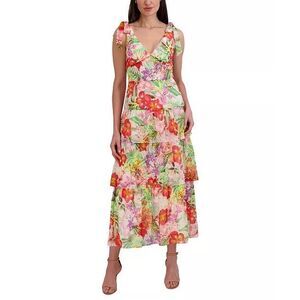 NEW  Julia Jordan Printed V Neck Tie Straps Tiered Floral Multicolor Dress size